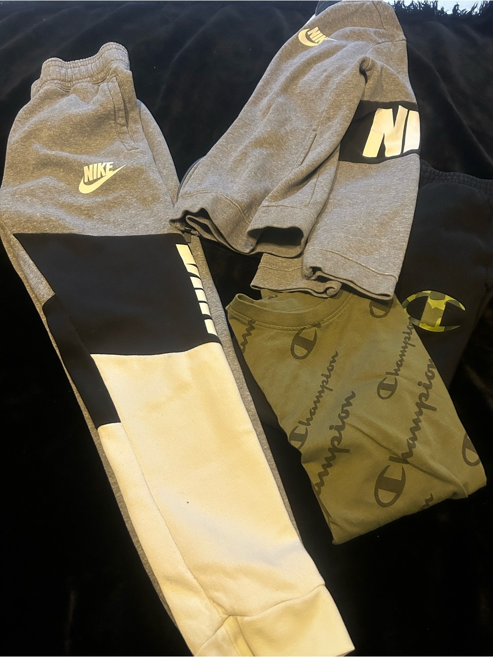 Nike Kids Grey, Black and White Colorblock Joggers and Champion Tee and joggers